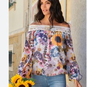 Boston Proper Floral Print Blouson Blouse with Rhinestone Embellished Neckline.